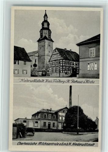 Nieder-Wöllstadt 1950 Rathaus, Kirche, Milchzentrale, gute Erhaltung AK