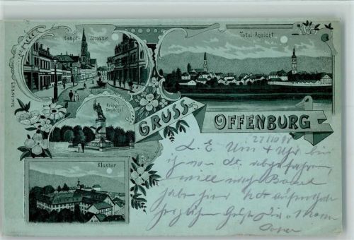 Offenburg 1898 Gruss aus - Lithographie ,Mondschein , Kriegerdenkmal , Hauptstr., Eckknick