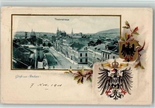 Aachen Lithographie Prägedruck Passepartout Theaterstraße Wappen