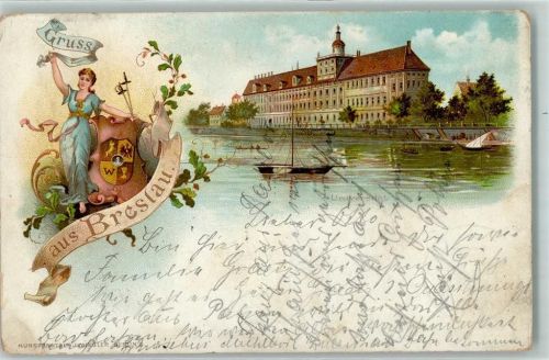 Breslau 1897 Universität Segelboot Wappen Frau Eichenlaub Bahnpost Berlin - Breslau Zug 627