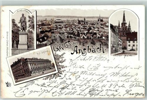 Ansbach 1897 Kgl. Schloß Graf von Platen-Denkmal Oberer Markt Verlag Ottmar Zieher-München Lithographie