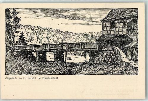 Freudenstadt Sägemühle im Forbachtal Federzeichnung Rückseite Werbung Firma Herbstreith