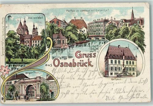 Osnabrück 1914 Dom vom Wall Partie an der Hase mit Kaiserhof Rathaus Heger Thor Lithographie Stempel Feldpost WK I Reservelazarett Osnabrück Arbeiter-Bildungsverein