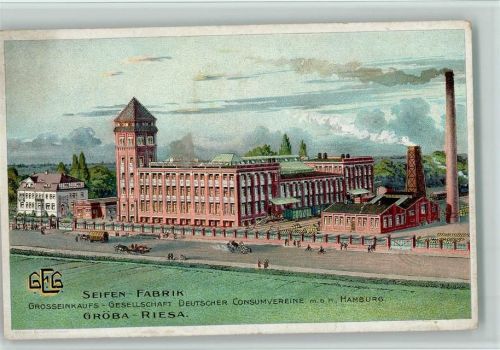 O7406 Gröba Seifen Fabrik der GEG , qualmende Schornsteine, Einknick Fabrik