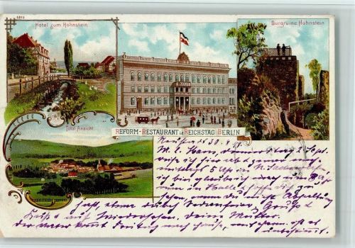 Neustadt 1897 Hotel zum Hohnstein Reform-Restaurant im Reichstag Burgruine Gesamtansicht 4-Bildaufnahme