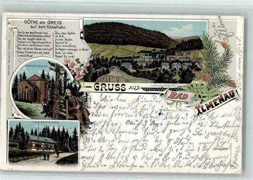 98693 O6300 Ilmenau , Thür Lithographie Göthe als Greis auf dem Kickelhahn Ortsansicht Südseite Goethe-Häuschen Gabelbachhäuschen 3-Bildaufnahme