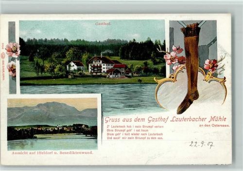 Seeshaupt Gasthof Lauterbacher Mühle an der Osterseen Strumpf Aussicht auf Iffeldorf und Benediktenwand