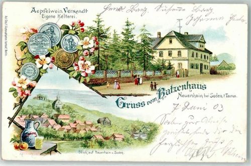 Neuenhain 1903 Batzenhaus Aepfelwein Kelterei Bembel Medallien