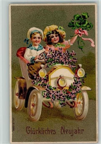 1912 Neujahr - Kinder im Blütenauto AK