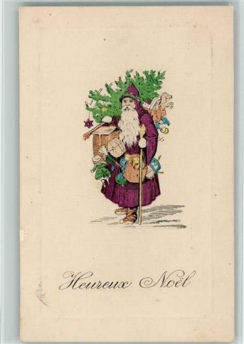Prägedruck - passepartout - Heureuse Noel, lila Mantel, Spielzeug AK Weihnachtsmann 1921 Gebrauchsspuren