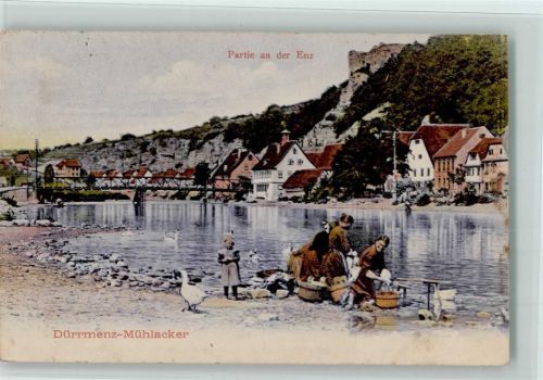 W7130 Dürrmenz Partie an der Enz - Frauen waschen ihre Wäsche im Fluß AK Waschfrau 1918