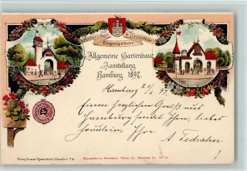 W2000 Hamburg Nr. 8 - 1897 Eingangstore, gute Erhaltung AK Gartenbauausstellung Lithographie / Künstlerkarte