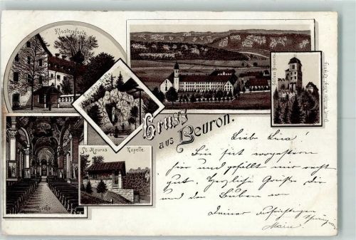 Beuron Lithographie Vorläufer Druck 1890-1895 Klosterpforte Schloss Bronnen Lourdes-Grotte St. Maurus-Kapelle Kirche