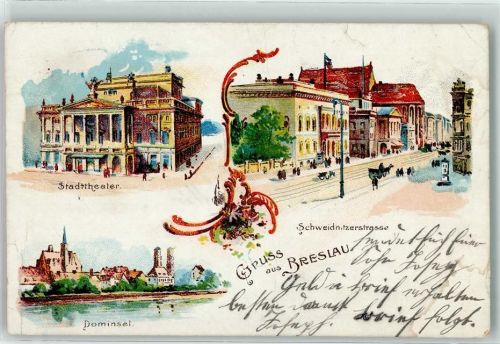 Breslau Wroclaw Gebrauchsspuren Stadttheater Schweidnitzerstraße Dominsel Lithographie