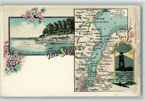 W2304 Stein b Laboe Ortsansicht Leuchtturm Landkarte 3-Bildaufnahme Landkarte Lithographie