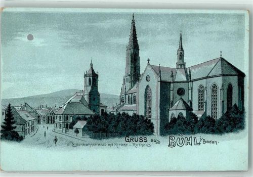 Bühl Eisenbahnstraße mit Kirche und Rathaus