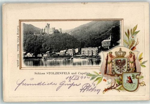 Capellen 1902 Schloss Stolzenfels Wappen Seitenraddampfer Lithographie