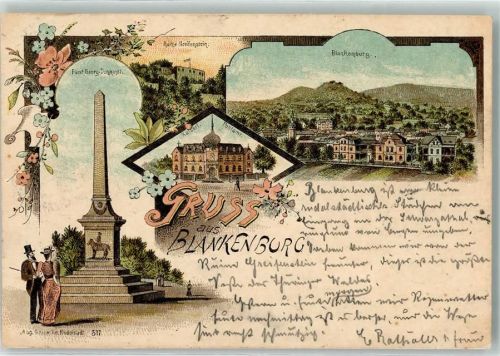 07422 O6823 Bad Blankenburg 1899 Lithographie Ruine Greifenstein Kaiserl. Postamt Fürst Georg-Denkmal