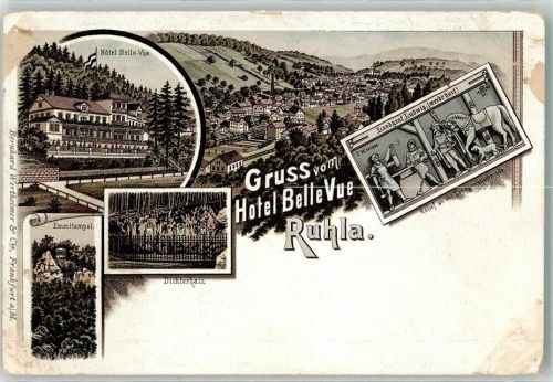 Ruhla Hotel Bellevue Emmitempel Relief a. d. Landgrafenschmiede Lithographie