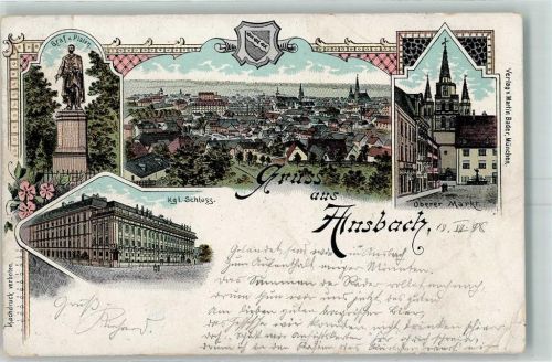 Ansbach 1898 Graf v. Platen-Denkmal Kgl. Schloss Oberer Markt Lithographie