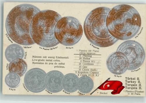 Münzenkarte und Nationalflagge Münzabbildungen Geld auf AK Lithographie