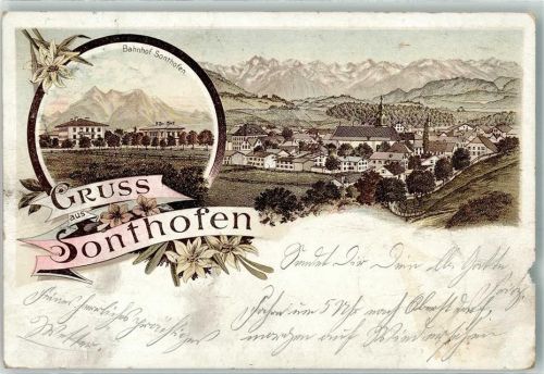 Sonthofen 1897 Bahnhof Kirche Berge Gruss Blumen Lithographie