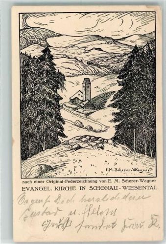 Schönau Ev. Kirche sign E.M. Scherer-Wagner Künstlerkarte