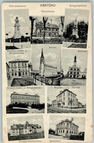 Chrastava Führichdenkmal Führichhaus Kriegerdenkmal Mädchen-Volks- und Bürgerschule Kirche Rathaus Knaben-Volks- und Bürgerschule Bezirksgericht Bezirks-Siechenhaus Sparkasse