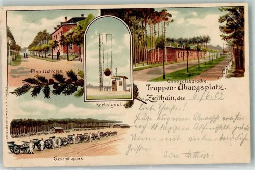 01619 O8401 Zeithain 1902 Lithographie Truppenübungsplatz Generalsbaracke Geschützpark Korbsignal