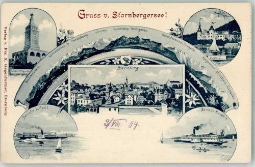 Starnberg Gruss Starnbergersee Bismarckturm Dampfer Luitpold Bavaria Segelboot Wappen Blumen Berge Ruderboot