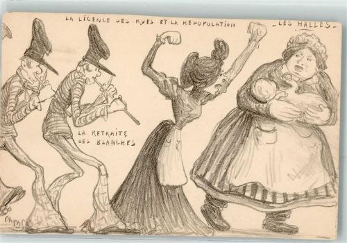 la Licence des Kues et la Repopolation les Halles la Retraite des Blanches Flötisten Denizard Karikatur sign. Orens