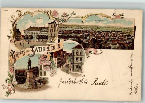 Zweibrücken 1898 Lithographie Schloss Hauptstraße Riss