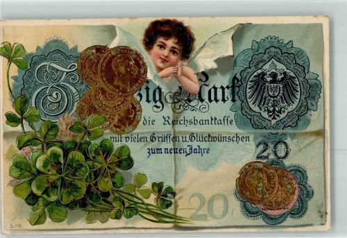 1908 Geldschein Engel durchbrochene Papierwand Glücksklee AK