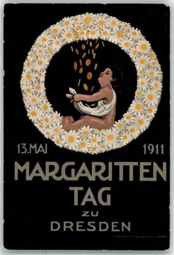 Dresden 1911 Margatitten-Tag Kind im Blumenkreis sammelt Münzen in seinen Schoss