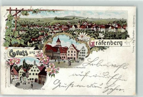 Gräfenberg 1900 Wolfsbergerschloß am Marktplatz Rathaus Egloffsteiner Tor Lithographie