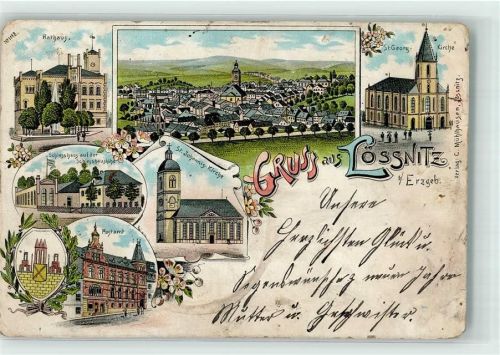 08294 O9407 Lößnitz Gebrauchsspuren St. Johanniskirche Post St. Georg-Kirche Rathaus Lithographie