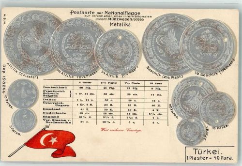 Münzenkarte und Nationalflagge Münzabbildungen Geld auf AK Lithographie