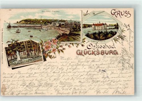 24960 W2392 Glücksburg Ostsee 1897 Lithographie Stahlquelle Strandhotel Schloß Glücksburg