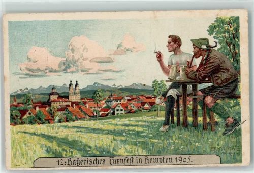 Kempten 12. Bayerisches Turnfest 1905 Bierkrug Pfeife rauchen sign Ernst Platz Künstlerkarte