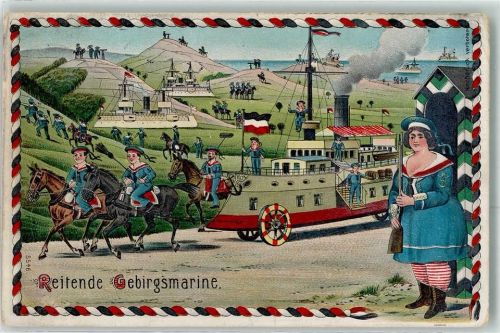 Reitende Gebirgsmarine Panzerschiffe werden von Pferden über Land gezogen Schwarz-Weiß-Rot Militär Humor WK I 1913
