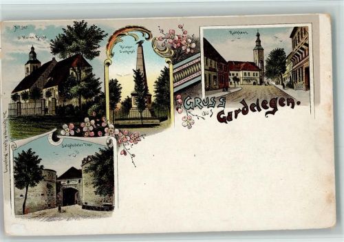 39638 O3570 Gardelegen 1898 Lithographie Gruss aus - Kriegerdenkmal , Rathaus, Marein Kirche AK