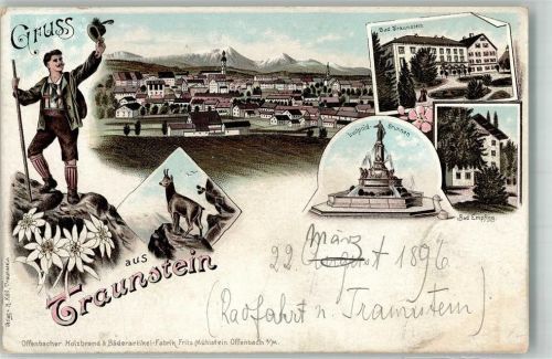 83278 W8220 Traunstein , Oberbay 1896 Gebrauchsspuren Lithographie Luipold-Brunnen Gemse