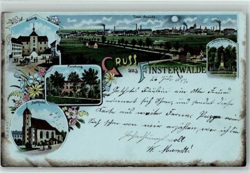 03238 O7980 Finsterwalde Lithographie Schloss Gesamtansicht Forsthaus Stadtkirche Kriegerdenkmal