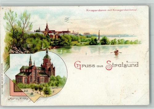 18435 O2300 Stralsund 1898 Lithographie Gruss aus - Kriegerdenkmal, Knieperdamm, Marein Kirche AK seitlich Einknick