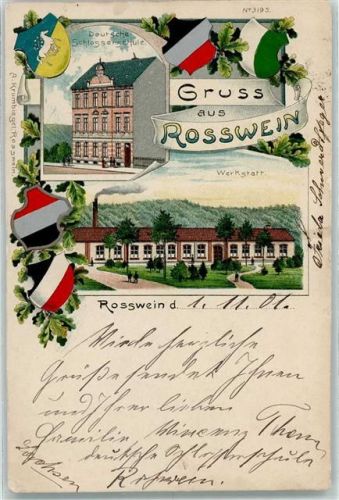 Roßwein 1901 Deutsche Schlosserschule Werkstatt Wappen Eichenlaub Lithographie