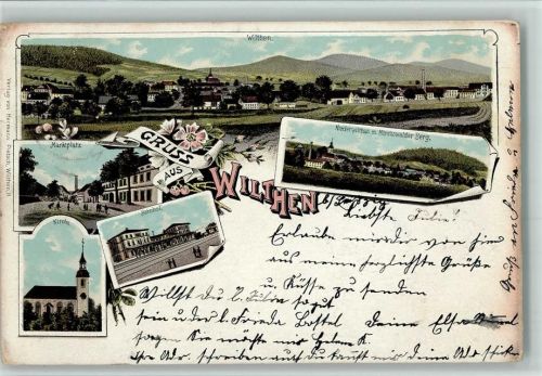 02681 O8609 Wilthen 1901 Lithographie Gruss aus - Bahnhof, Marktplatz, Kirche, AK