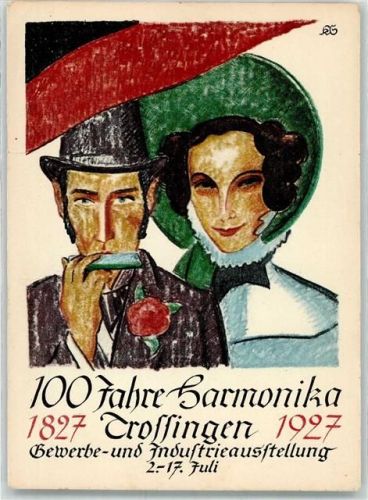Trossingen 100 Jahre Harmonika 1827 1927 Gewerbe Industrie Ausstellung 2.-17. Juli Mann Frau Tracht Mundharmonika