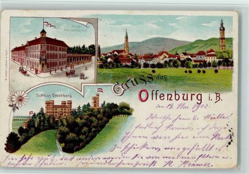 77652 W7600 Offenburg 1902 Lithographie Gruss aus - Hotel Rhein. Hof, Schloss Ortenberg, AK