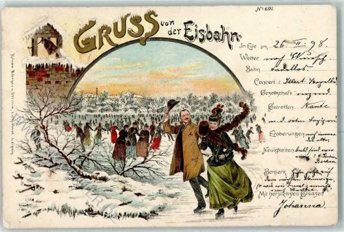 1898 Nr. 691 Gruss aus von der Eisbahn Schlittschuhe AK