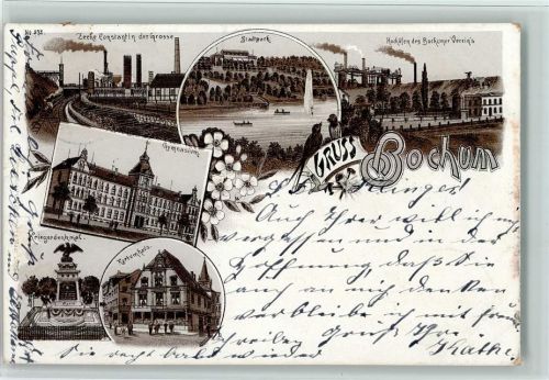 44787 W4630 Bochum 1898 Lithographie Gruss aus - qualmende Schornsteine, Kriegerdenkmal, Hochöfen, Zeche